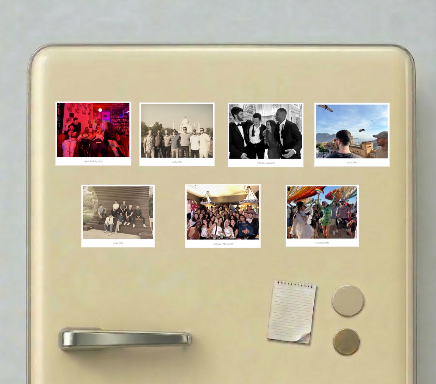 Custom photo magnets of travel and family memories displayed on a retro fridge